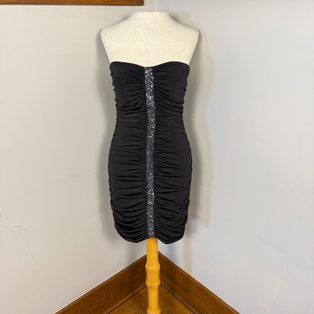 NWT Y2K Strapless Ruched Black Mini Dress S Silver Sequin Bodycon Cocktail NYE